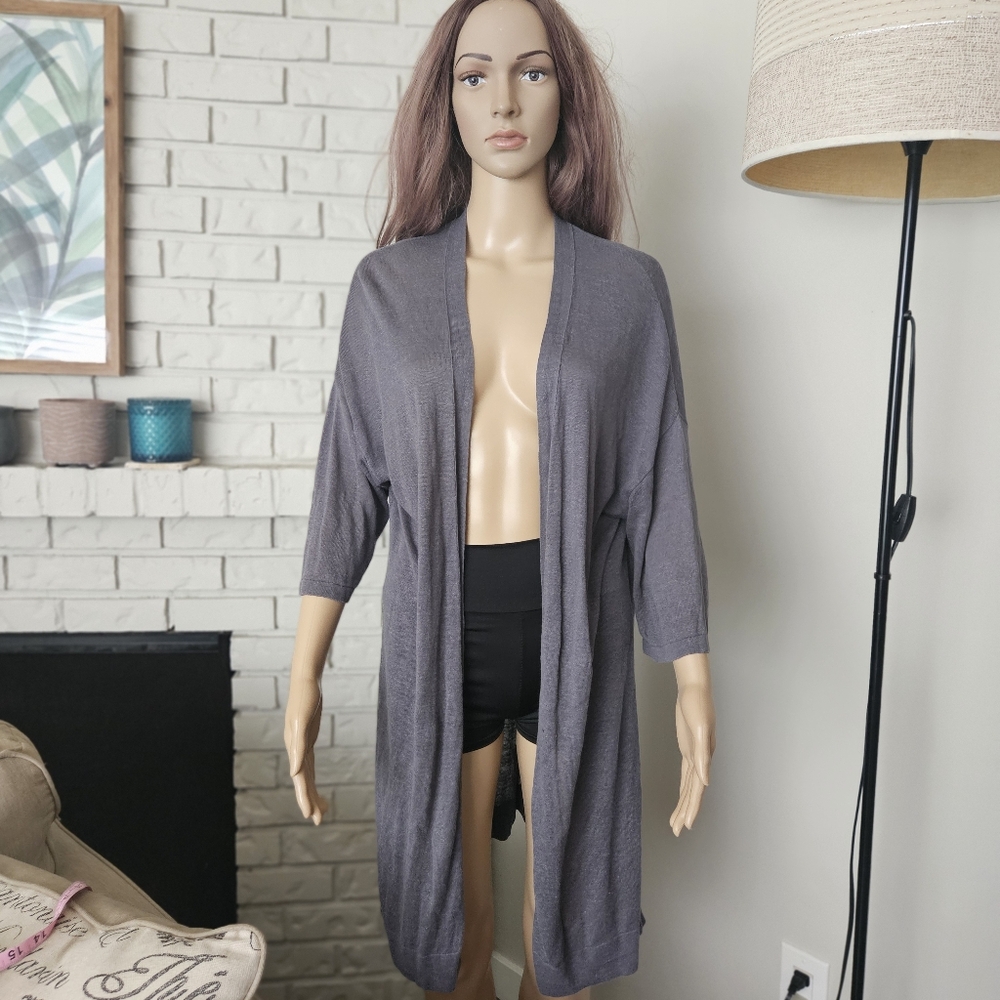 Pure Jill Linen Blend Charcoal Gray Open Front Duster Cardigan Long Line